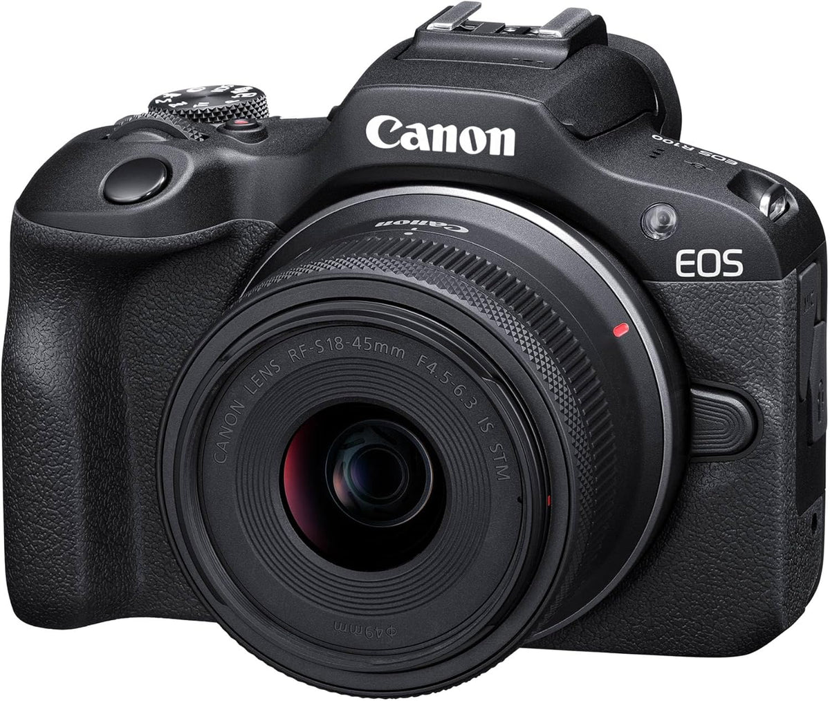 Canon EOS R100 Cámara mirrorless APS C - Sensor CMOS de 24,1 MP con objetivo RF S 18 a 45 mm F4.5 a F6.3 IS STM - Vídeo 4K 25 fps y Dual Pixel CMOS AF - WiFi Bluetooth negra