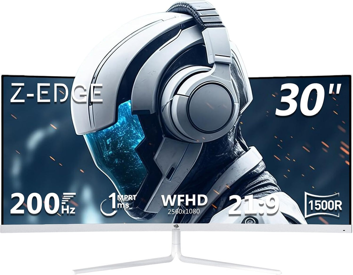 Z Edge monitor gaming curvo blanco - Pantalla ultrapanorámica de 30 pulgadas y 200 Hz - Panel VA 1500R con respuesta de 1 ms - FreeSync RGB HDMI DisplayPort y VESA