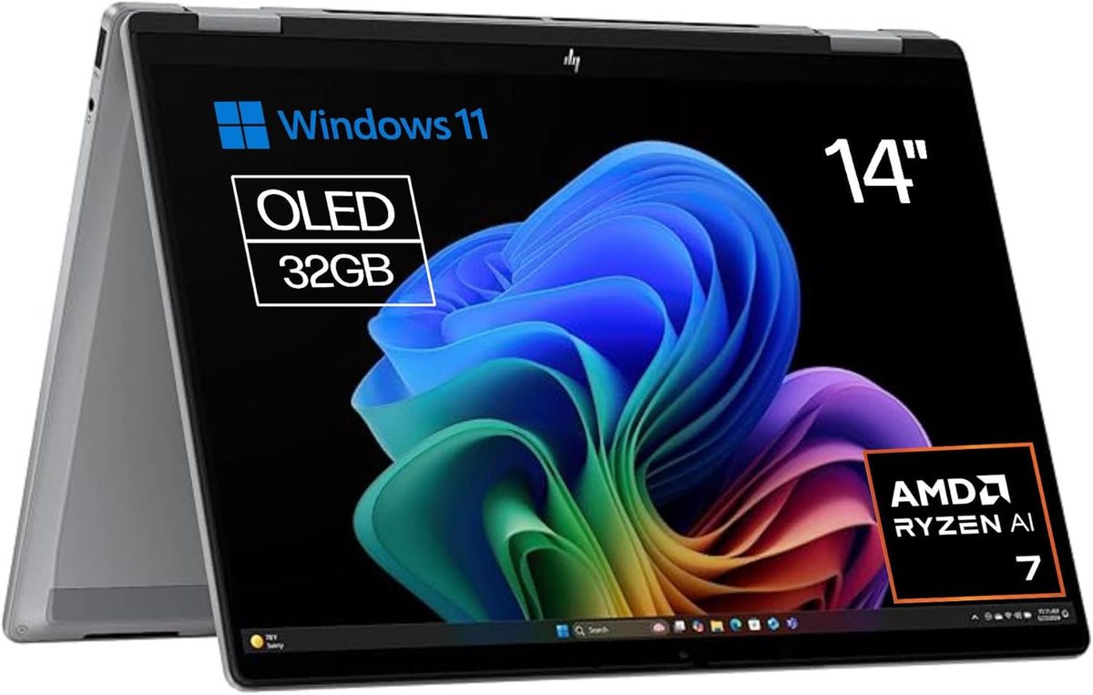 HP OmniBook X Flip portátil convertible de 14 pulgadas 3K OLED - Ryzen AI 7 350 y 32 GB RAM - SSD 1 TB Radeon 860M - Pantalla táctil Windows 11 Home plata