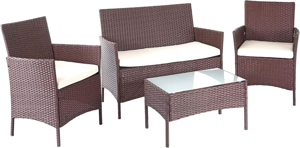 Mendler HWC-D82 Conjunto de jardín - Poliratán con cojines para zona de descanso exterior - 84 x 106 x 52 cm - Marrón jaspeado y crema para terraza y jardín