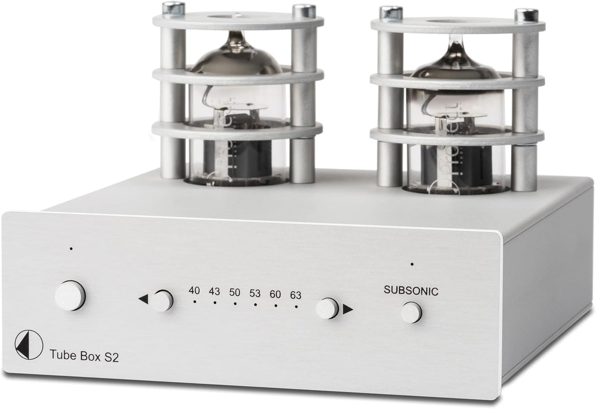 Pro-Ject Tube Box S2 Preamplificador de fono - Equipo High End para tocadiscos y sistemas HiFi - Funcionamiento sin batería y formato compacto - Plateado con peso de 408 g