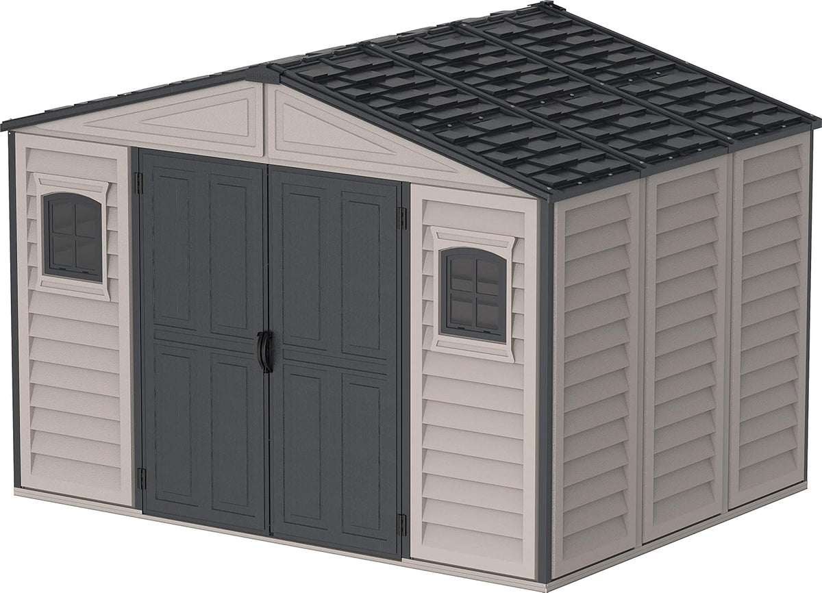 Duramax WOODBRIDGE PLUS 10X8 - Caseta de jardín PVC y poliuretano - Estructura metálica impermeable - Cobertizo gris claro gris oscuro