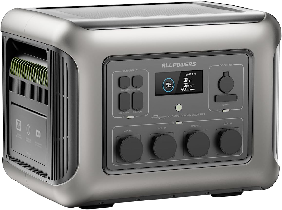 ALLPOWERS R2500 Estación de energía portátil - Batería LiFePO4 ampliable con salida de 2500 W - Pico de 4000 W y 4 tomas CA con SAI - Carga completa en 1 h para camping hogar y RV