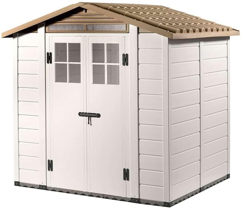 Gardiun Tuscany EVO 200 Caseta de Resina de Jardín 4 m2 Blanco Beige - Cobertizo Exterior 220 x 181 x 216 cm - Almacenamiento con Puertas y Ventanas