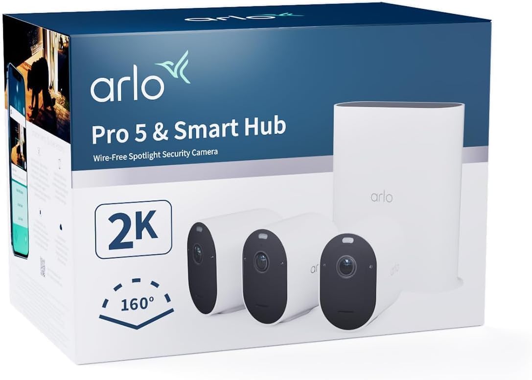 Arlo Pro 5 kit de 3 cámaras de vigilancia - Vídeo 2K con Smart Hub y visión nocturna - Sensor de movimiento y luz integrada - Batería WiFi con audio bidireccional