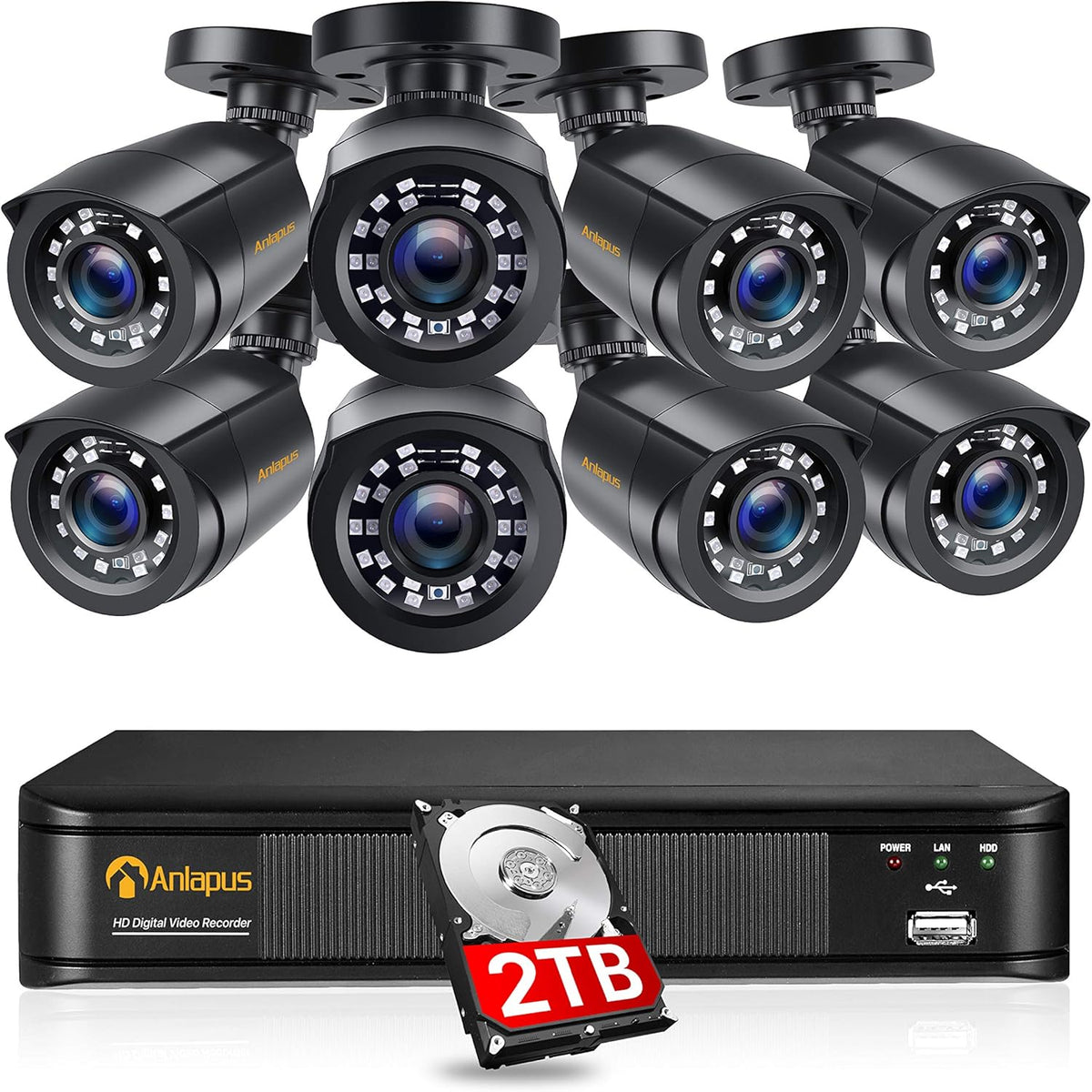 Anlapus kit de videovigilancia exterior - Ocho cámaras Full HD 1080p con visión nocturna - DVR H265 de 8 canales - Disco duro de 2 TB y avisos por correo