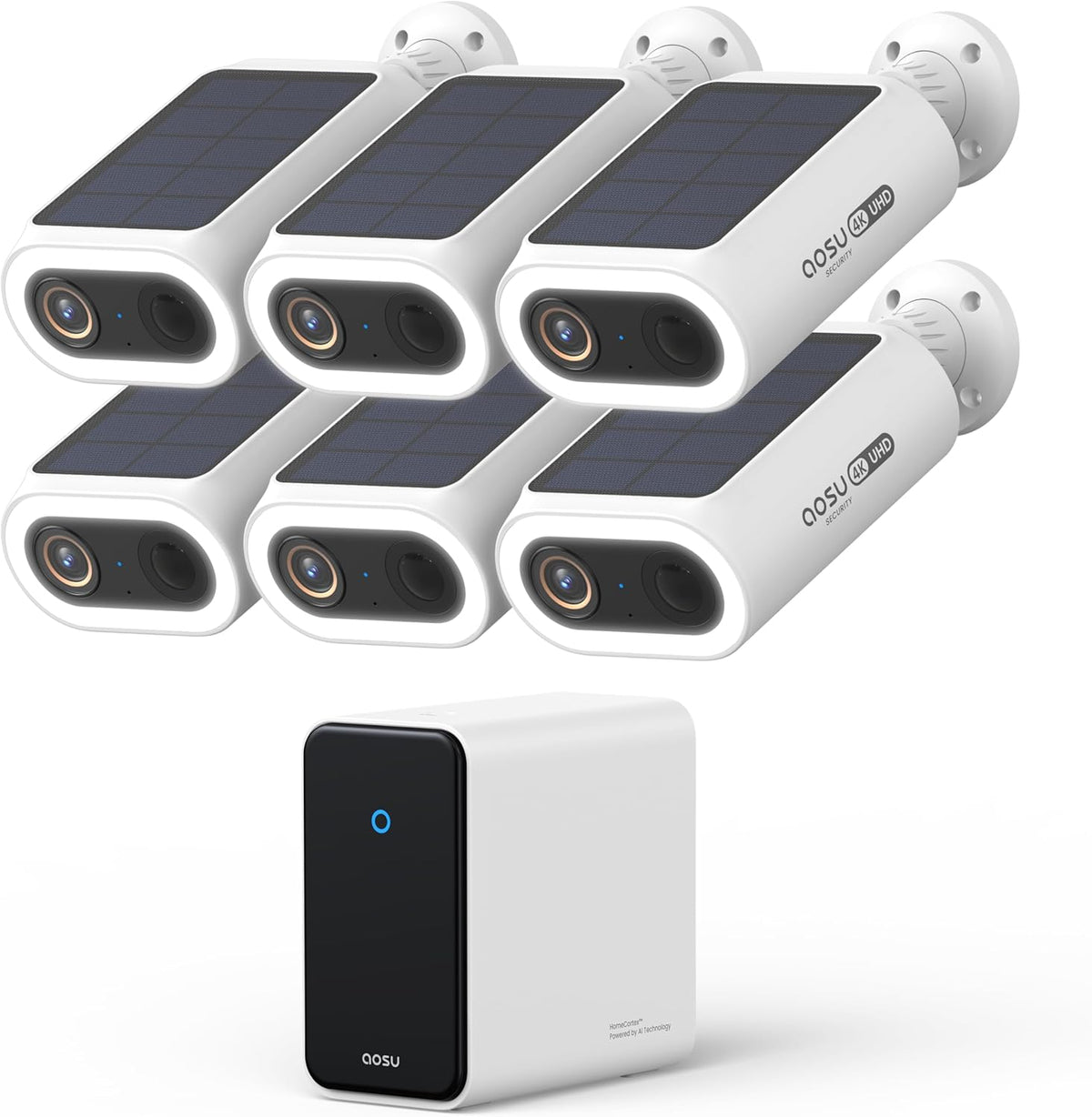 AOSU kit de 6 cámaras solares exteriores - Vídeo 4K UHD con reconocimiento facial - HomeCortex y detección mediante IA - Memoria local de 32 GB ampliable a 16 TB