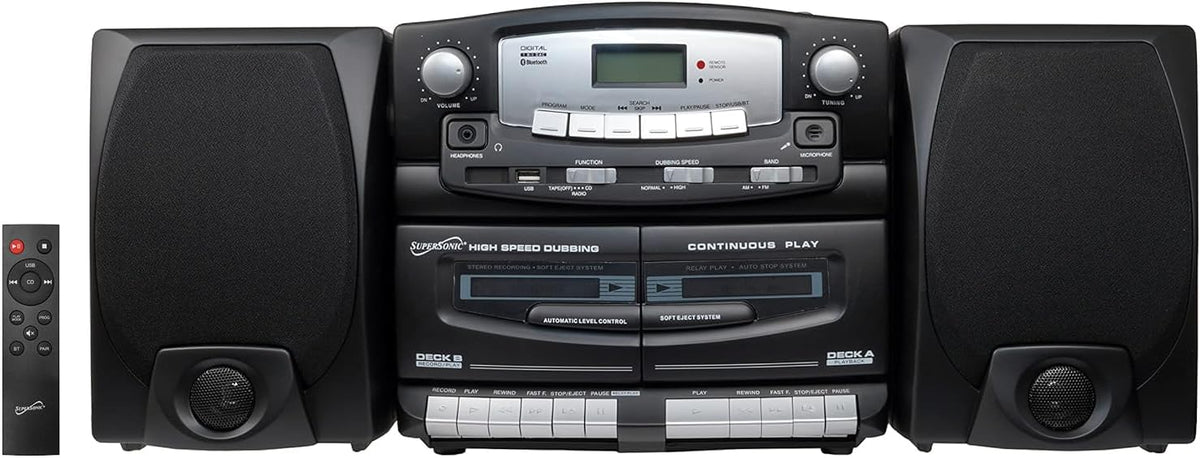 Supersonic Black Edition Sistema estéreo vintage - Reproductor de CD MP3 y doble casete - Bluetooth USB y radio AM FM - Negro mate de 21 W para música doméstica