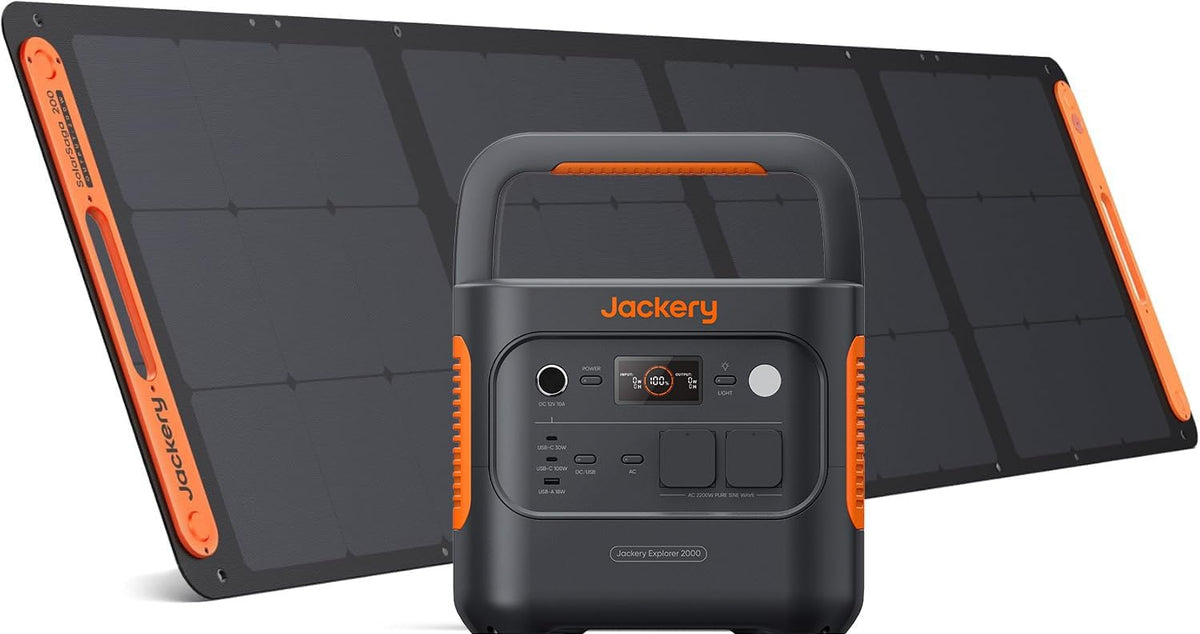 Jackery Explorer 2000 v2 generador solar - Batería de 2042 Wh y salida de 2200 W con máximo de 4400 W - Panel solar plegable de 200 W - Carga al 80 por ciento en 52 min