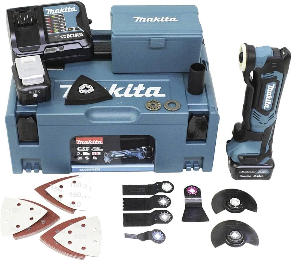 Makita TM30DSMJX5 - Multiherramienta inalámbrica 10,8 V - 2 baterías 4,0 Ah y velocidad variable - Makpac con 41 accesorios para corte lijado y pulido