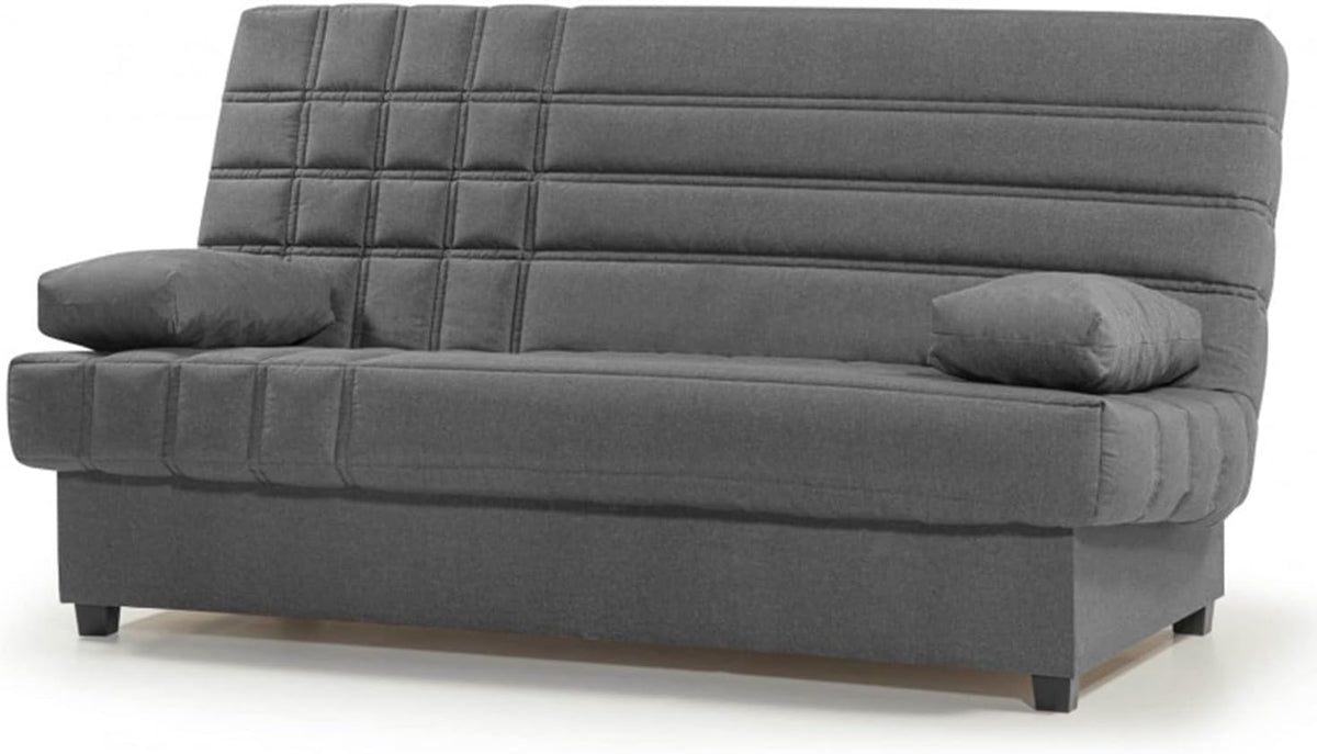 SHIITO Romeo sofá cama 3 plazas - Arcón interior y 2 cojines incluidos - Apertura clic clac con tapizado gris oscuro - Diseño convertible de 193 x 100 x 100 cm