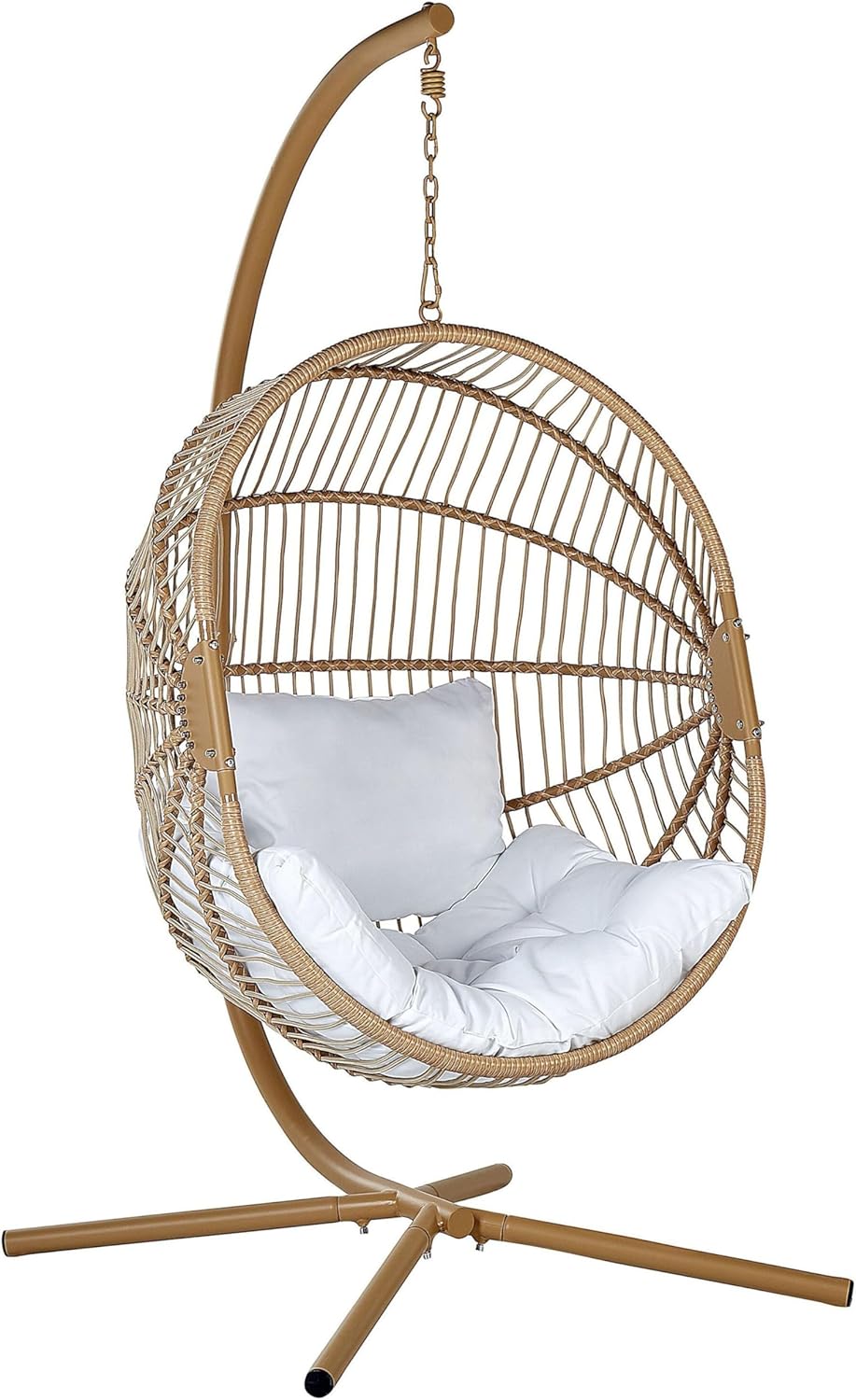 Silla Colgante Ovalada con Soporte de Ratán Sintético - Asiento Huevo Beige con Estructura Metal - Sillón Exterior Interior 120 kg