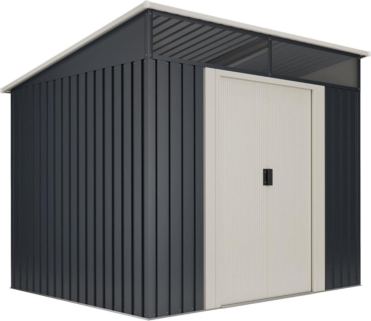 Wasabi Stark - Caseta de jardín metálica 239 x 193 x 202 cm - Tragaluz de policarbonato y puerta corredera doble - Techo inclinado gris antracita beige