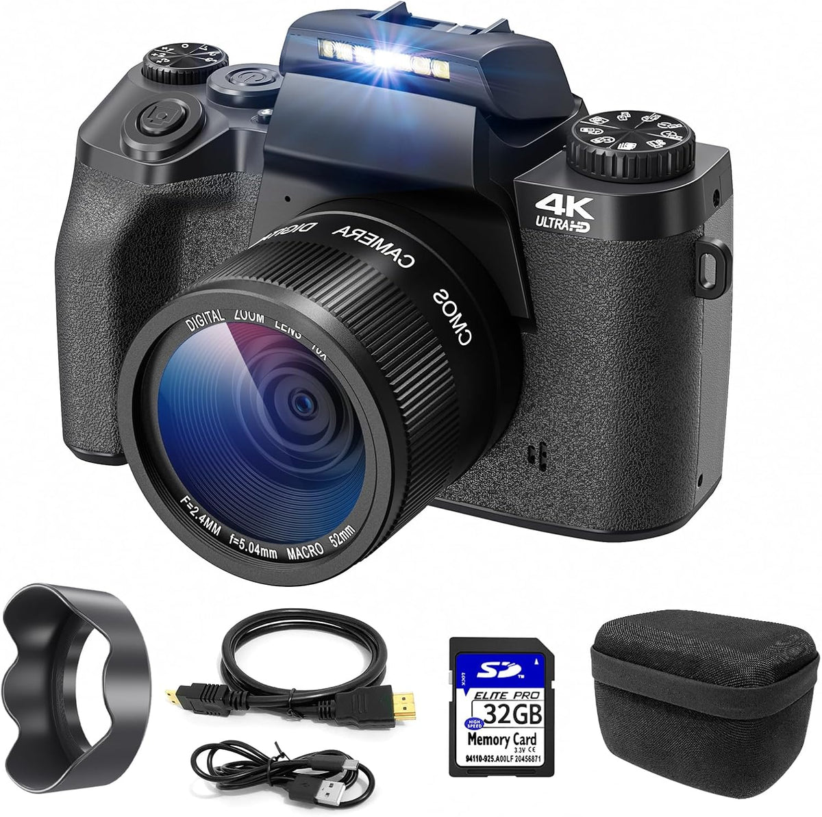 Cámara digital 4K CCN 64 MP - Pantalla táctil de 3 pulgadas y zoom 16x - WiFi y sensor CMOS - Bolsa parasol y tarjeta TF de 32 GB negra
