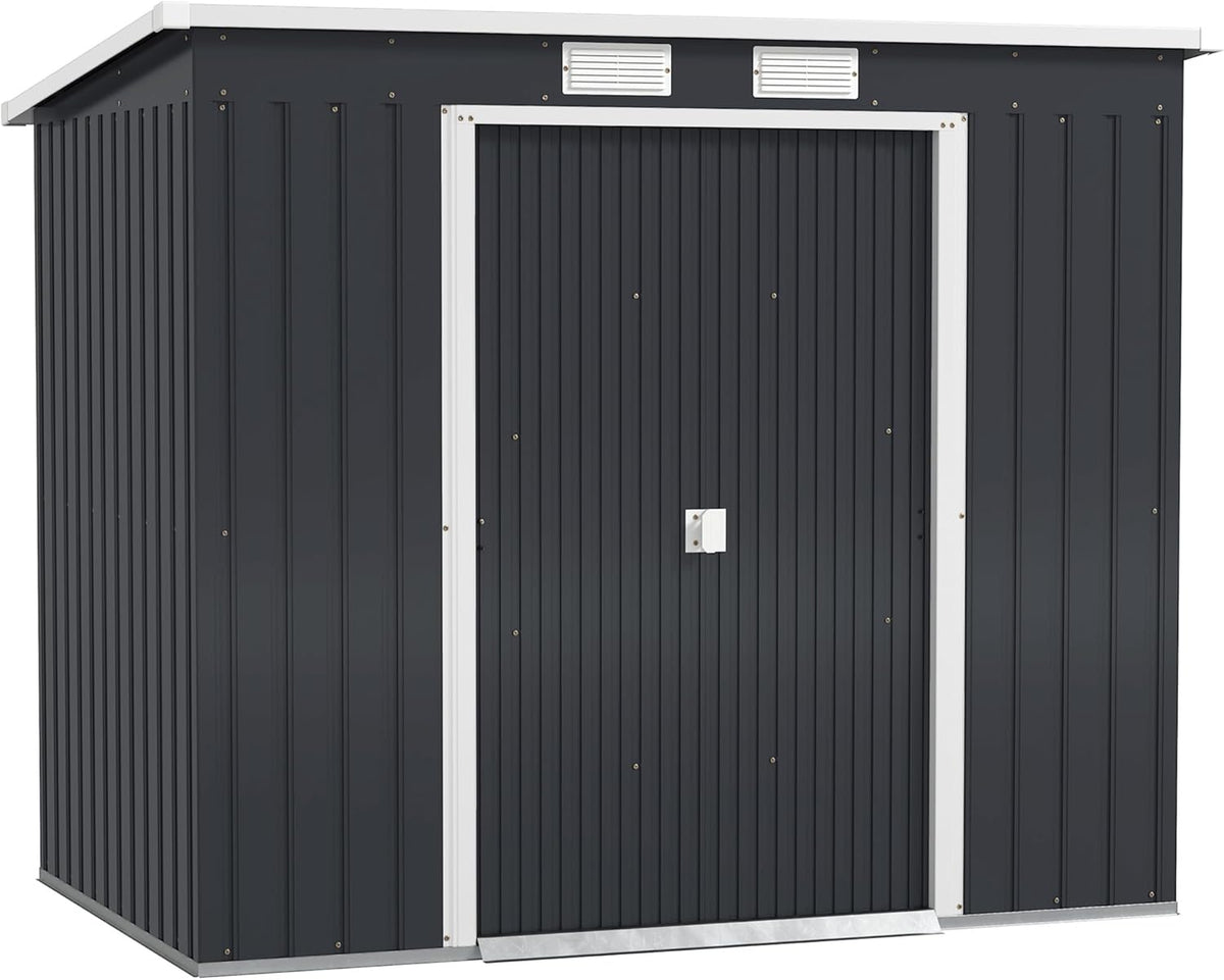 Outsunny Caseta de Jardín Exterior Metálica Gris Oscuro 2,4 m2 - Cobertizo con Puerta Corredera Techo Inclinado y Ventanas