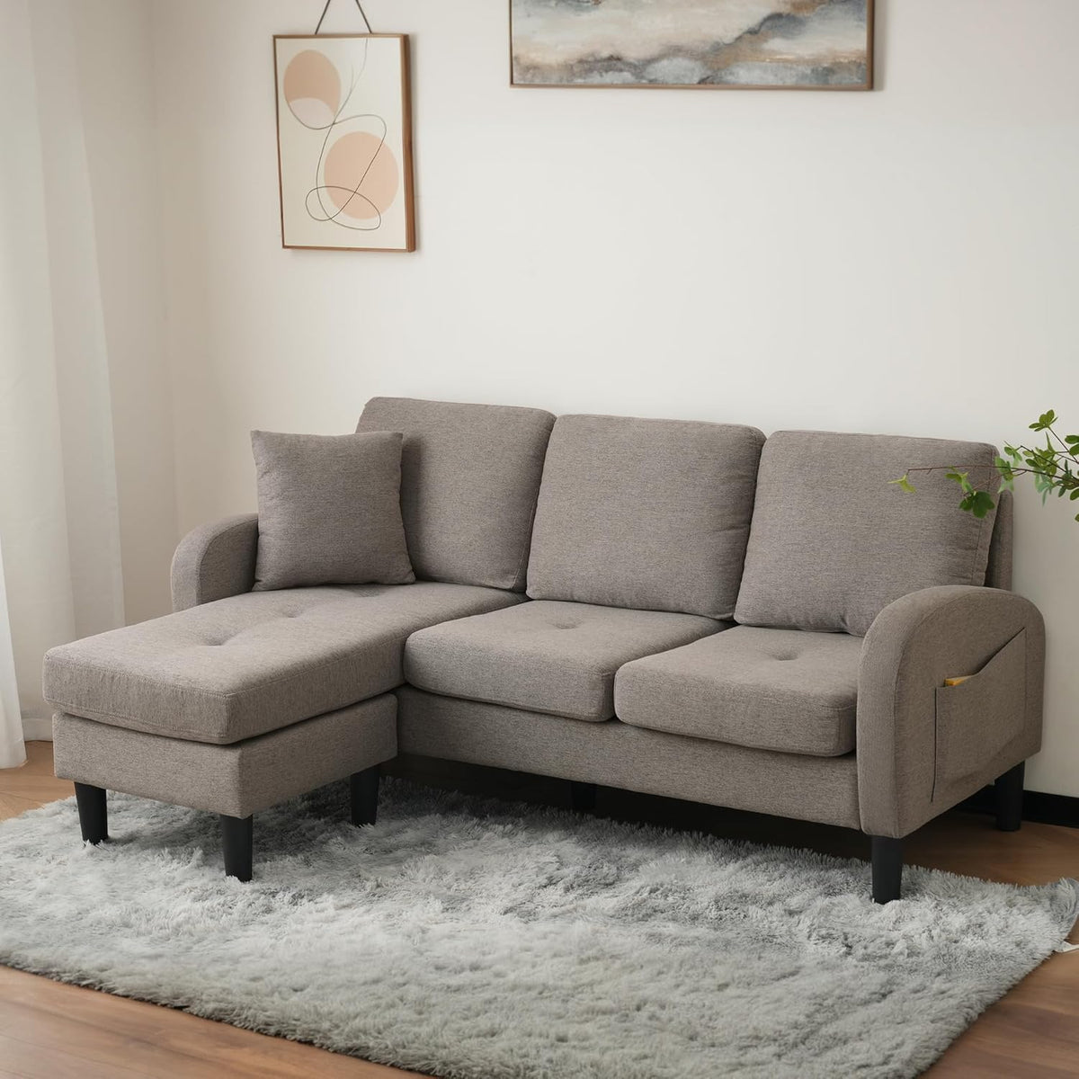 Sofá de esquina 3 plazas en L - Diseño modular con chaise longue y tapizado efecto lino - 166 x 118 x 77 cm - Gris compacto para salones y espacios pequeños