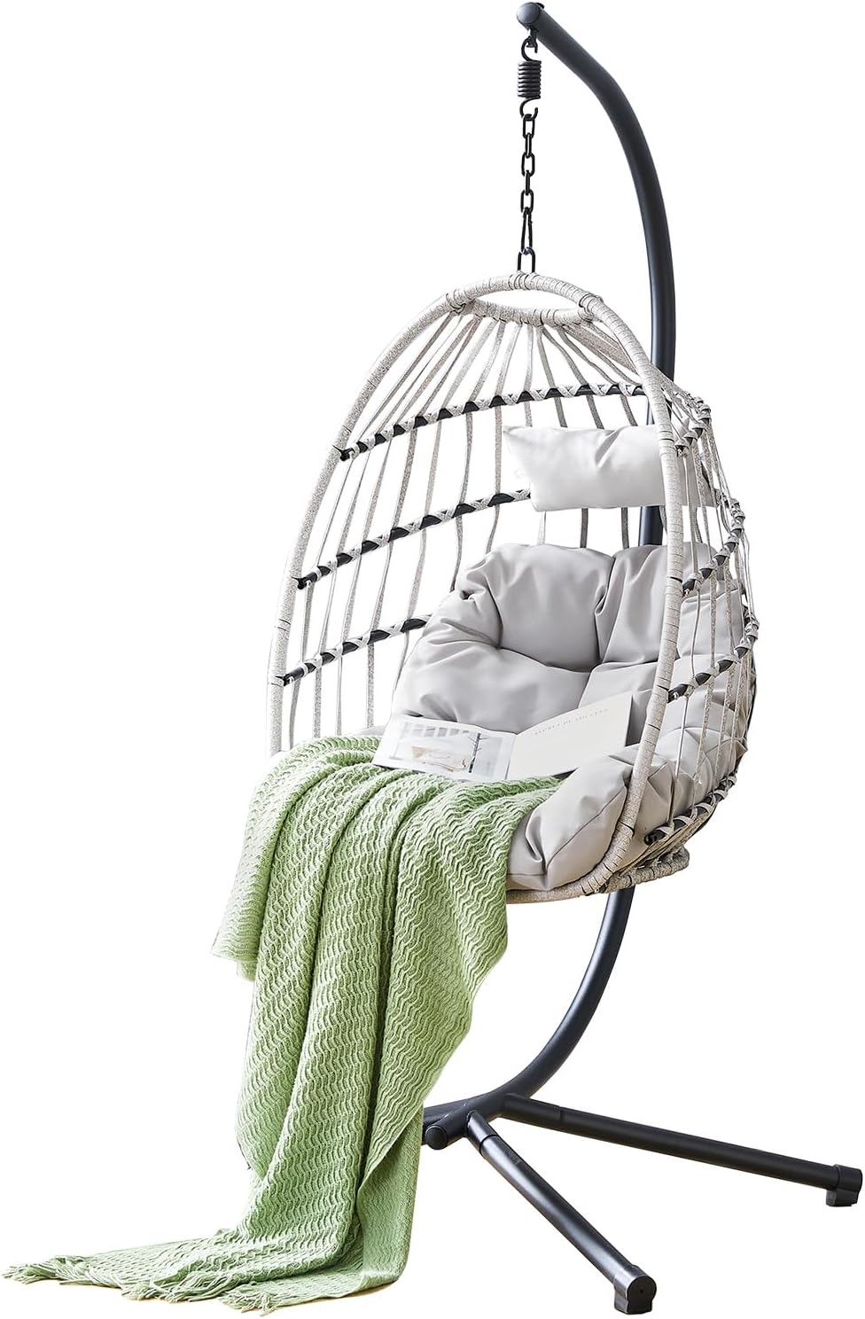 CFMAIF Silla huevo colgante - Color gris claro con soporte incluido - Columpio para jardín y terraza - Cesta suspendida para zona de descanso exterior