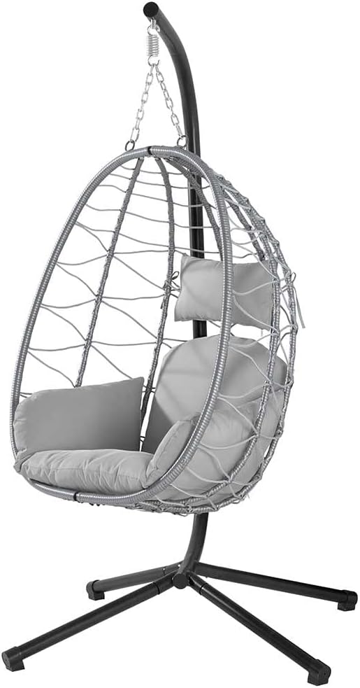 BAKAJI Sillón Colgante de Jardín con Nido de Ratán y Cojín - Hamaca Mecedora Exterior con Estructura Metal y Reposacabezas - Gris
