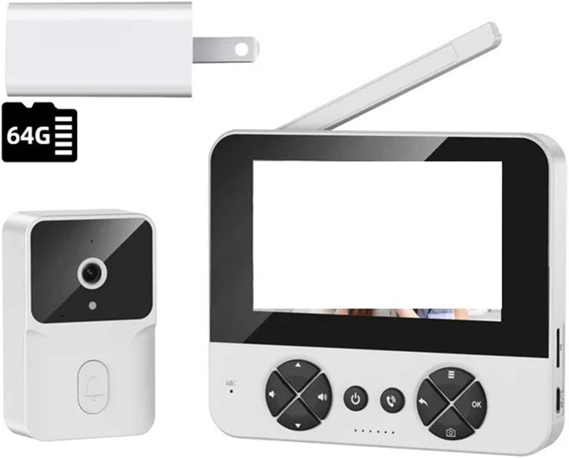Videoportero OPTEPYOE M15 - pantalla IPS de 4,3 pulgadas y vídeo HD 720p - intercomunicador bidireccional - variante blanca con tarjeta TF de 64 GB y enchufe estadounidense