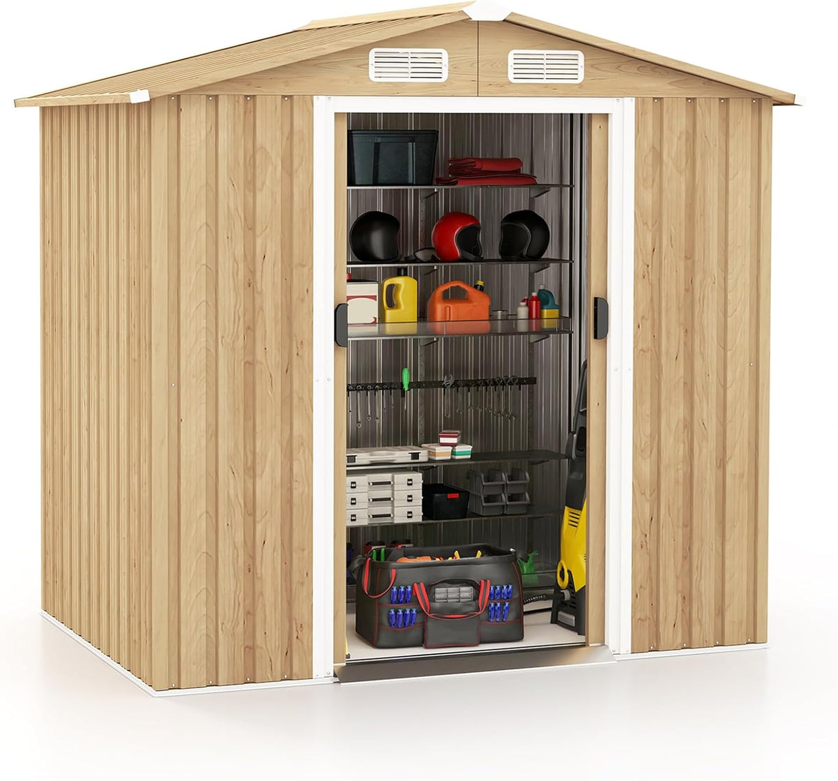 COSTWAY - Caseta metálica de jardín 196 x 142 x 186 cm - Acero galvanizado con 4 ventilaciones - Puertas con cerradura color marrón