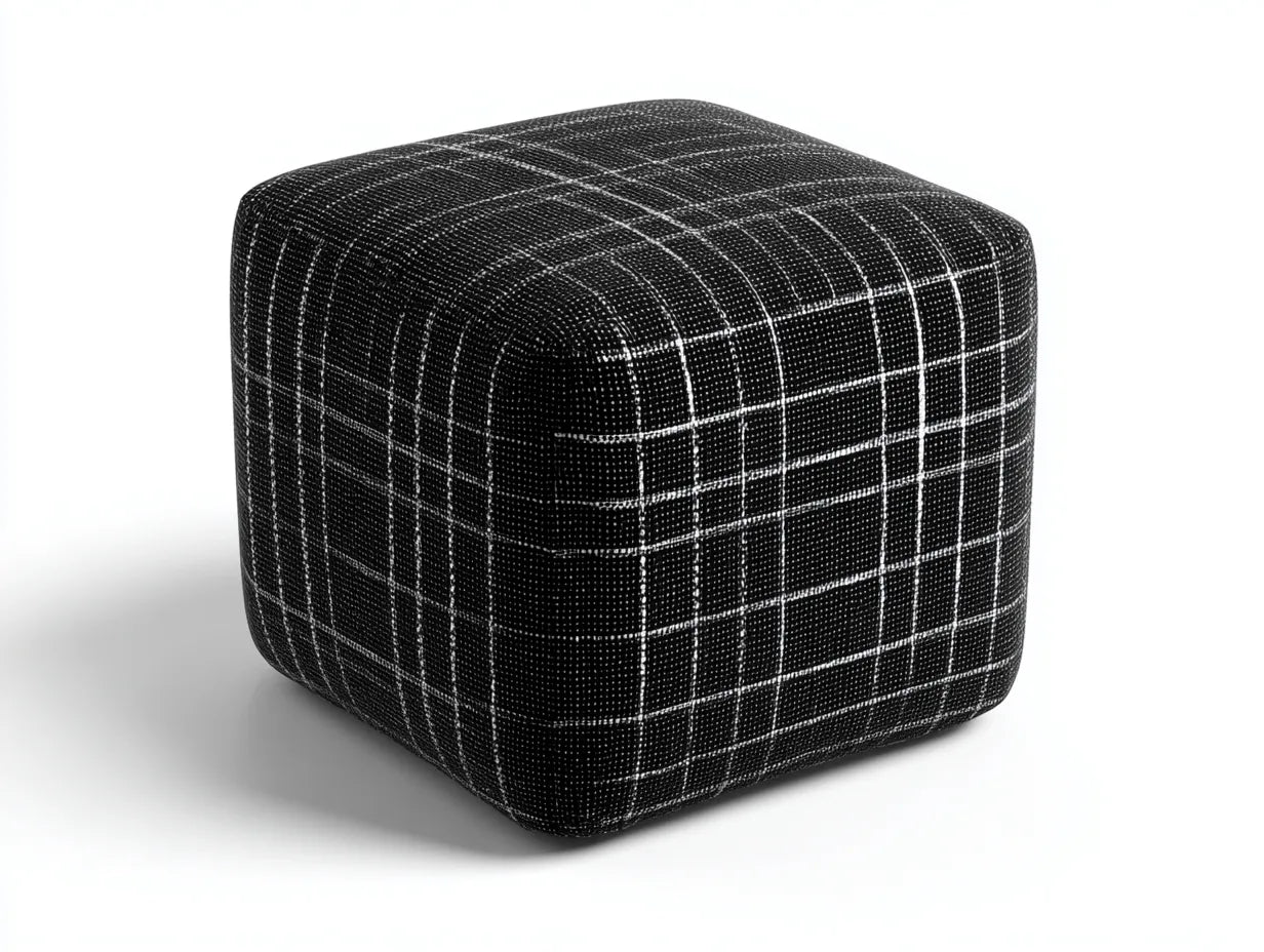 Reposapiés cúbico de tela 60x60x42 cm - negro y blanco - patrón de cuadros para salón
