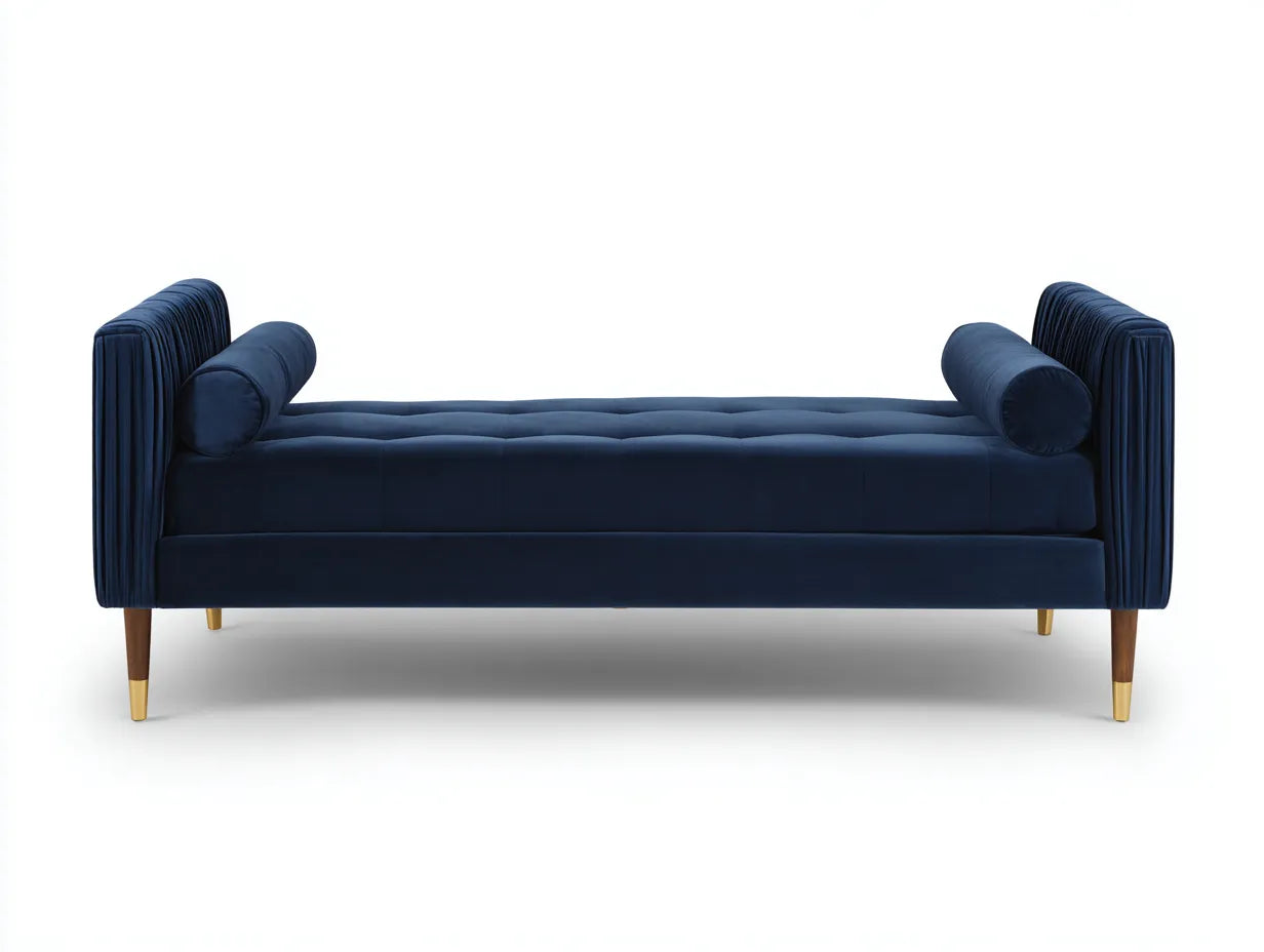 Banco diván de terciopelo 202x80x74 cm - azul marino y dorado - para dormitorio con patas cónicas