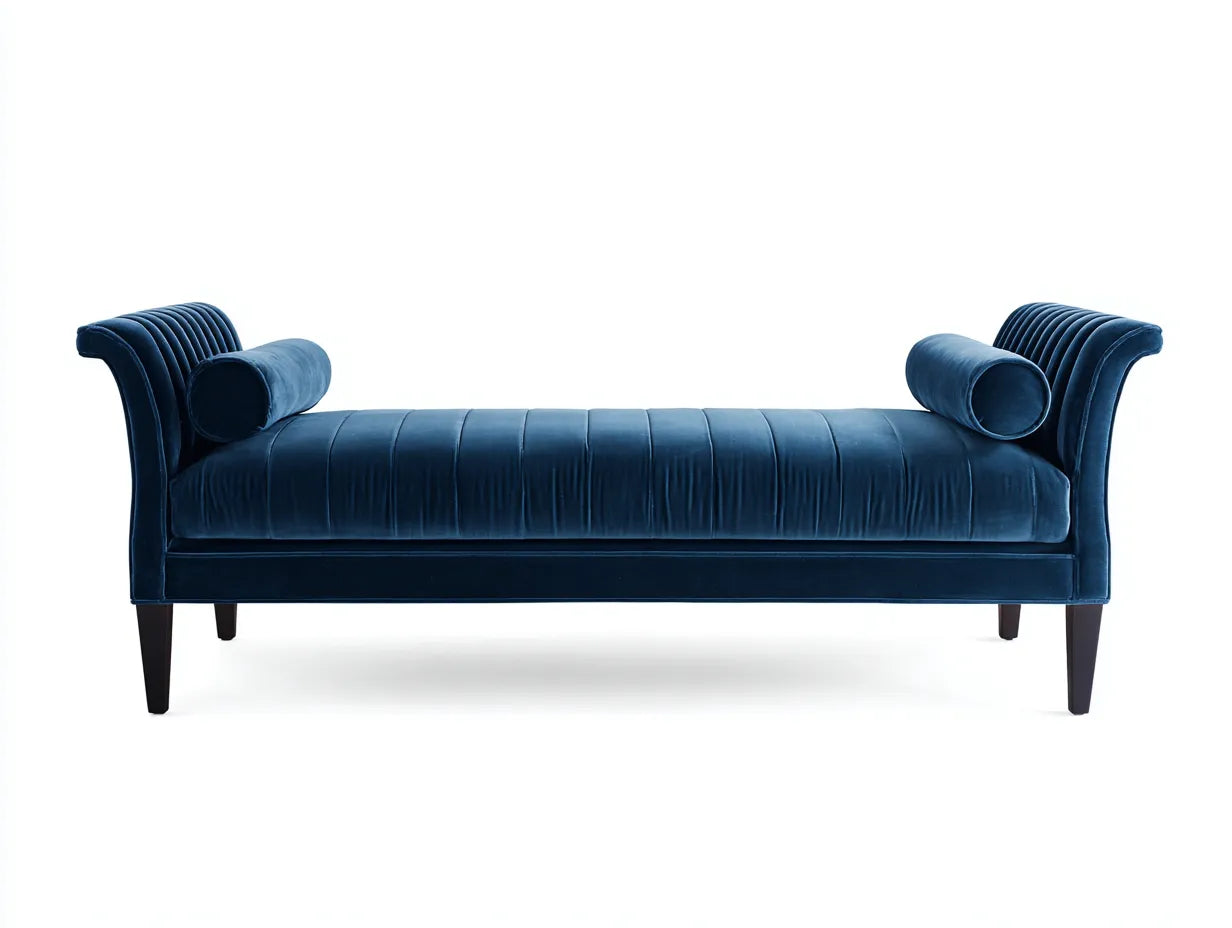 Banco de terciopelo 204x78x76 cm - azul petróleo y marrón oscuro - para dormitorio con respaldo ondulado