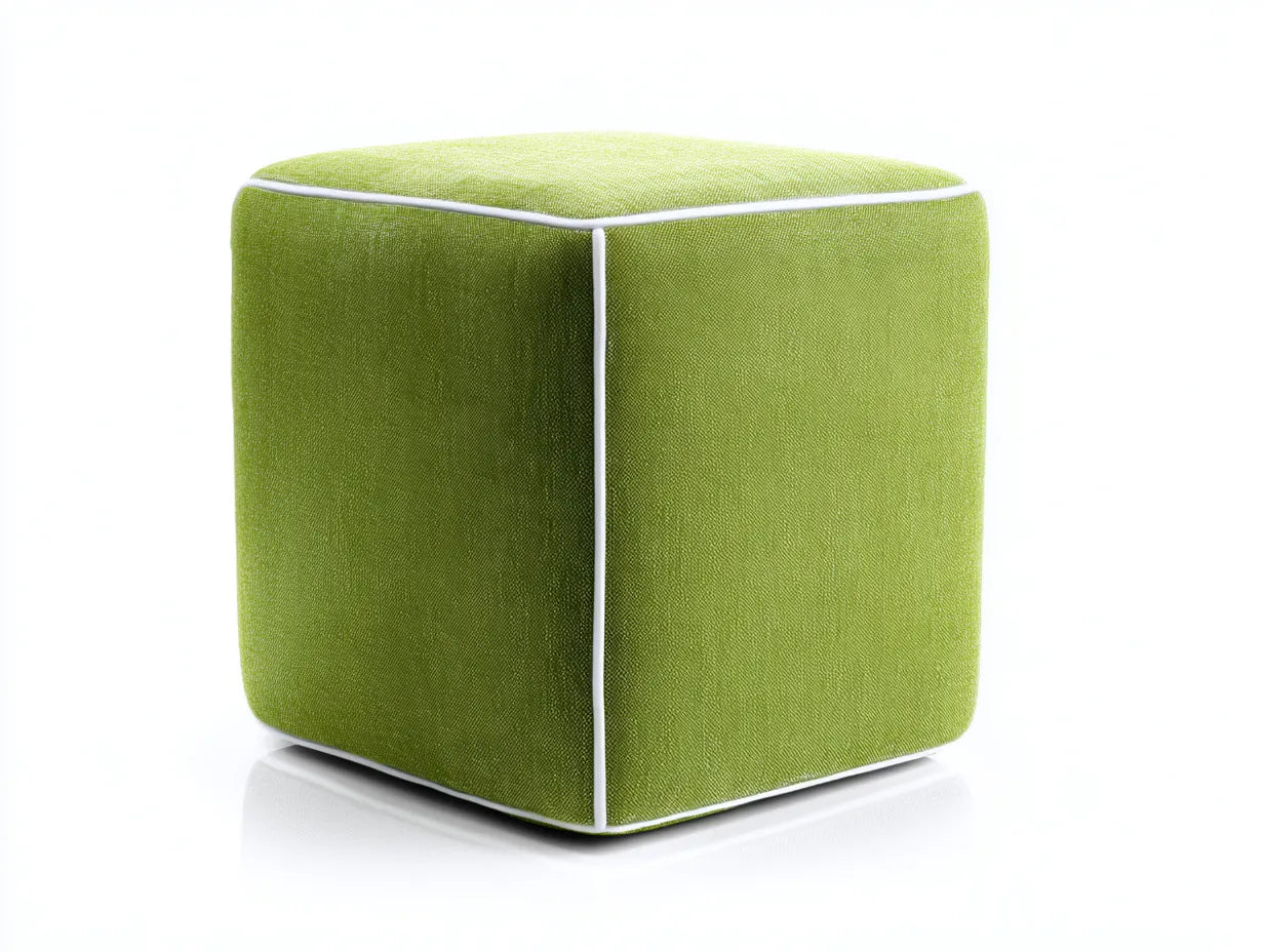 Reposapiés cúbico de tela 55x55x45 cm - verde lima y blanco - ribete contrastado para salón