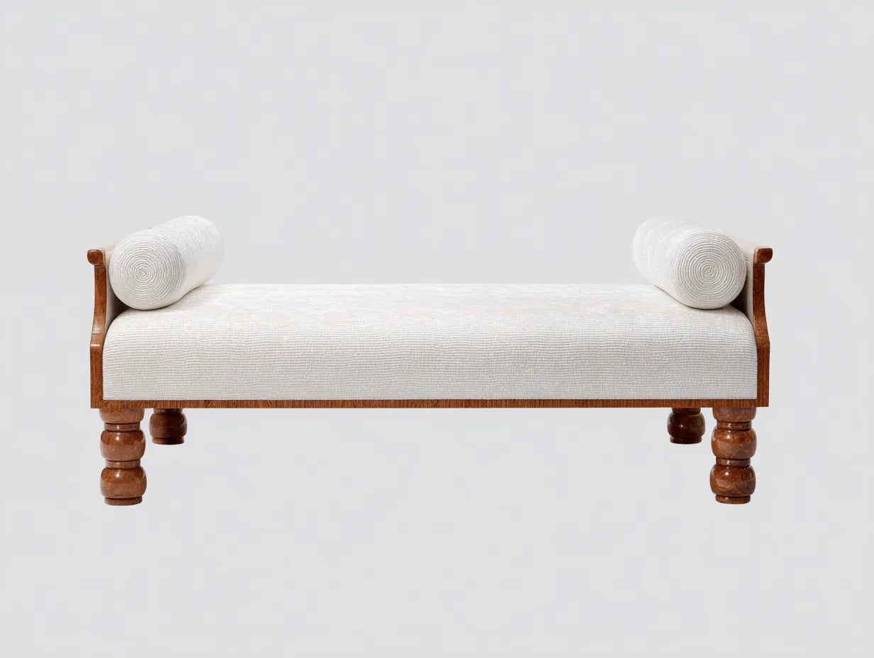 Banco tapizado con estructura de madera 180x70x68 cm - blanco y marrón - para dormitorio con patas torneadas